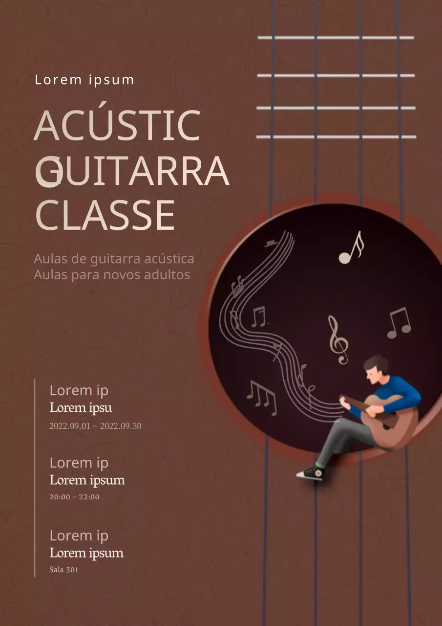 Cartaz promocional para uma aula de guitarra em tons de castanho