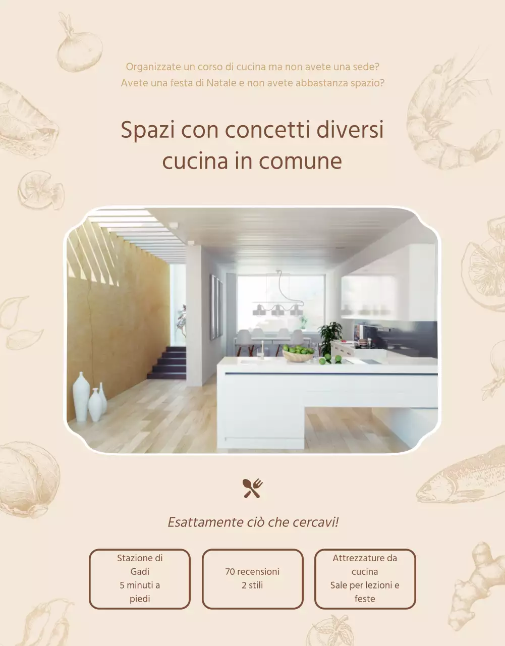 Due stili in morbide tonalità beige Guida alla prenotazione dell'affitto di una cucina condivisa e di una sala per feste