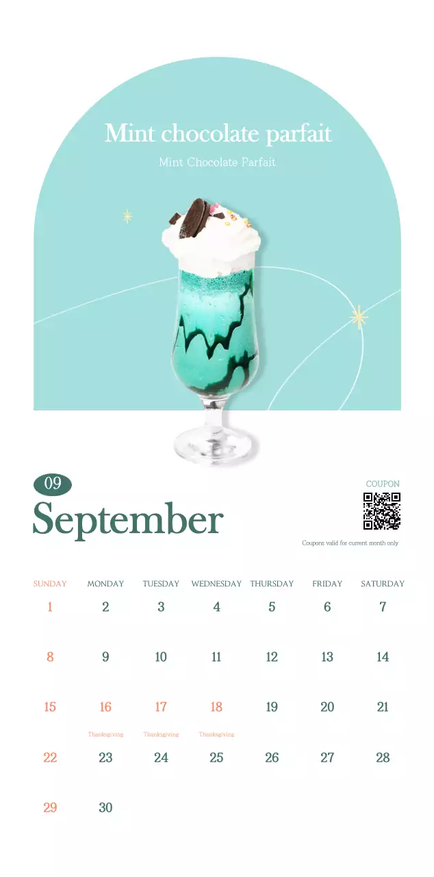 Cafe calendar with drink of the month recommendations