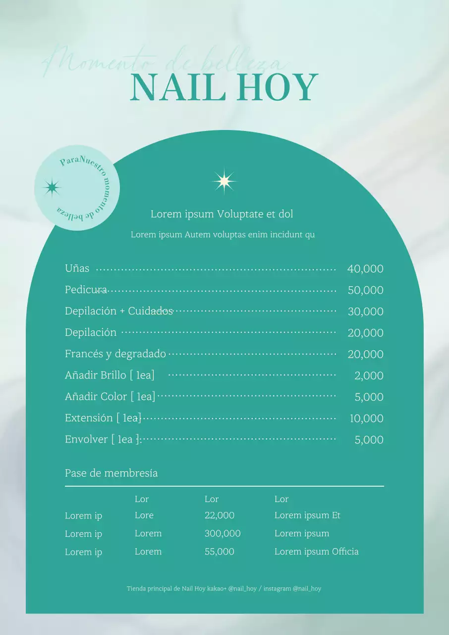 Tablero de menú de salón de manicura esmeralda con fondo de mármol