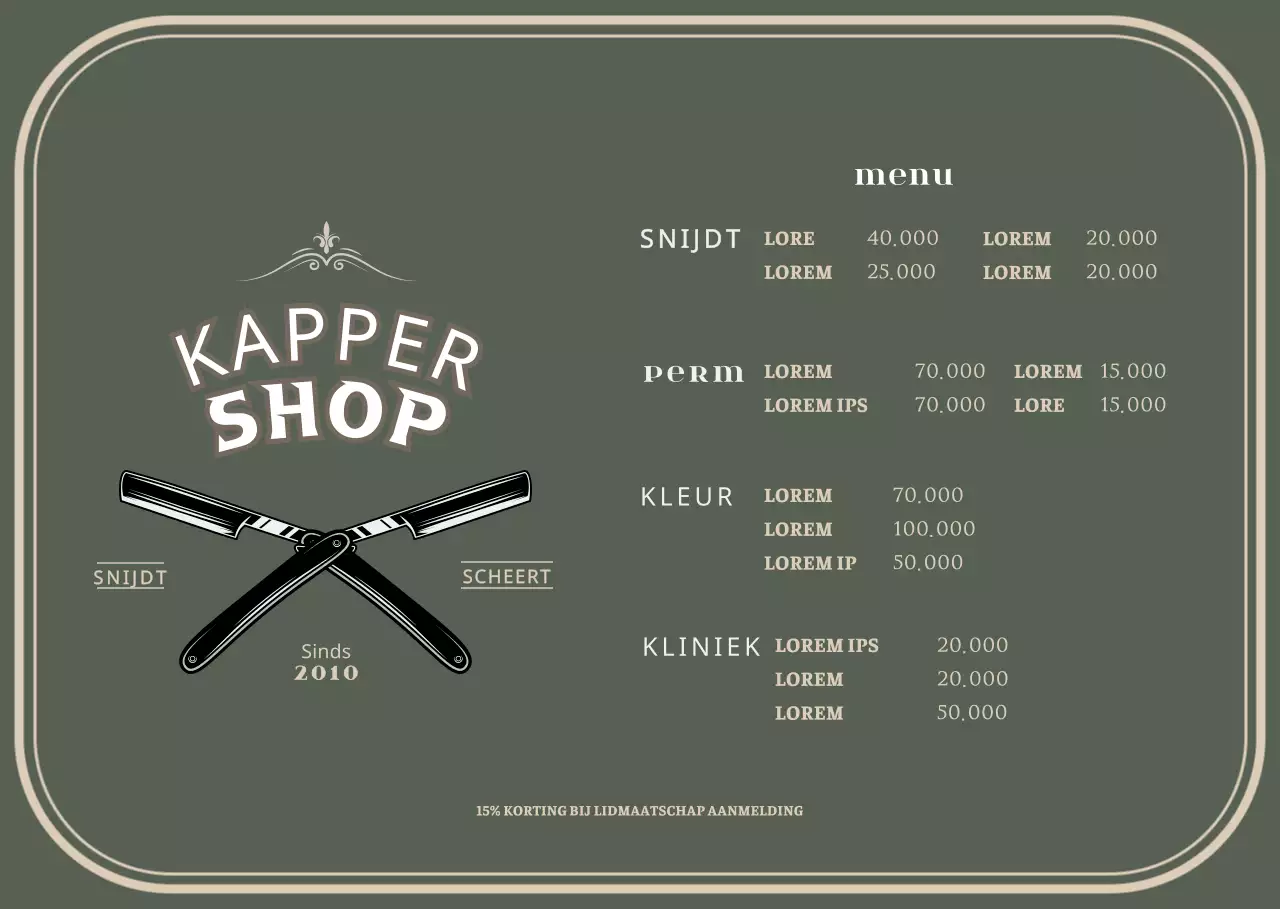 Acrylstandaard voor een groen menubord van een kapperszaak in vintage stijl