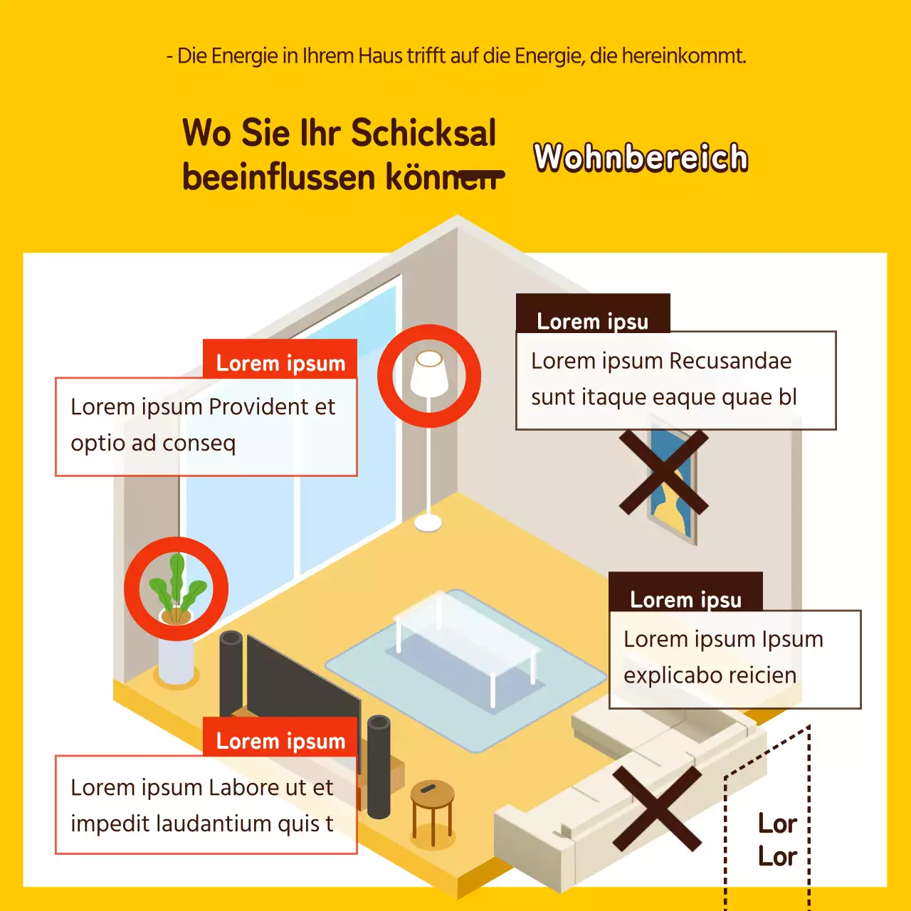 Illustriertes Feng Shui-Interieur in Gelb und Braun