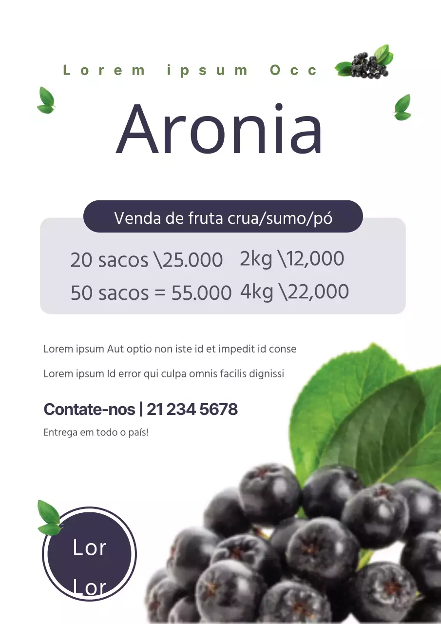 Um carregamento de mirtilos com uma fotografia de mirtilos roxos e folhas para promover a venda de mirtilos.