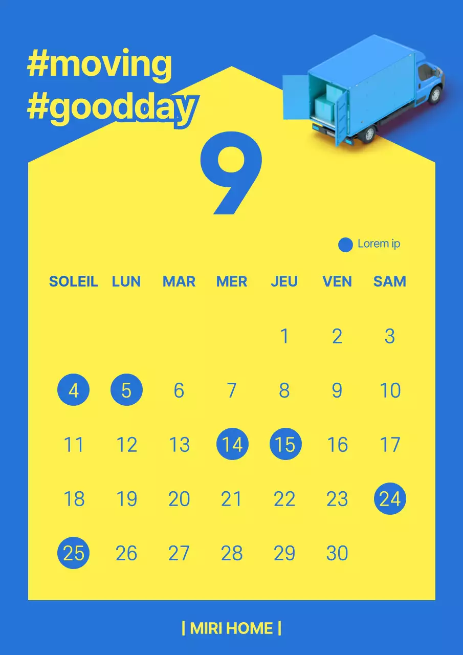 Calendrier bicolore bleu et jaune Isha (jour sans main)