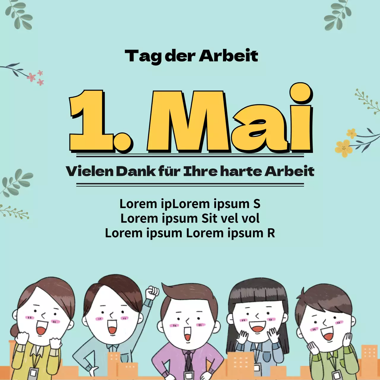 Hellblaue und gelbe Grüße zum Tag der Arbeit (Quadrate für soziale Medien)