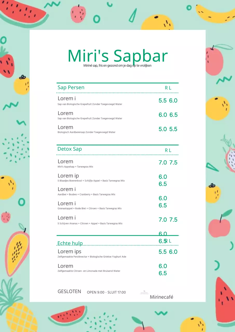Leuke Fruit Frame Drink Menu Tafel
