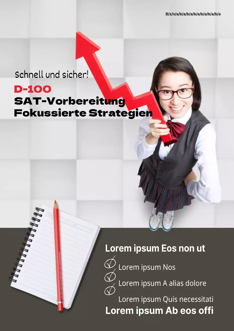 Ein einfacher grauer und roter Flyer für eine spezielle Klasse zur Prüfungsvorbereitung an einer Privatschule