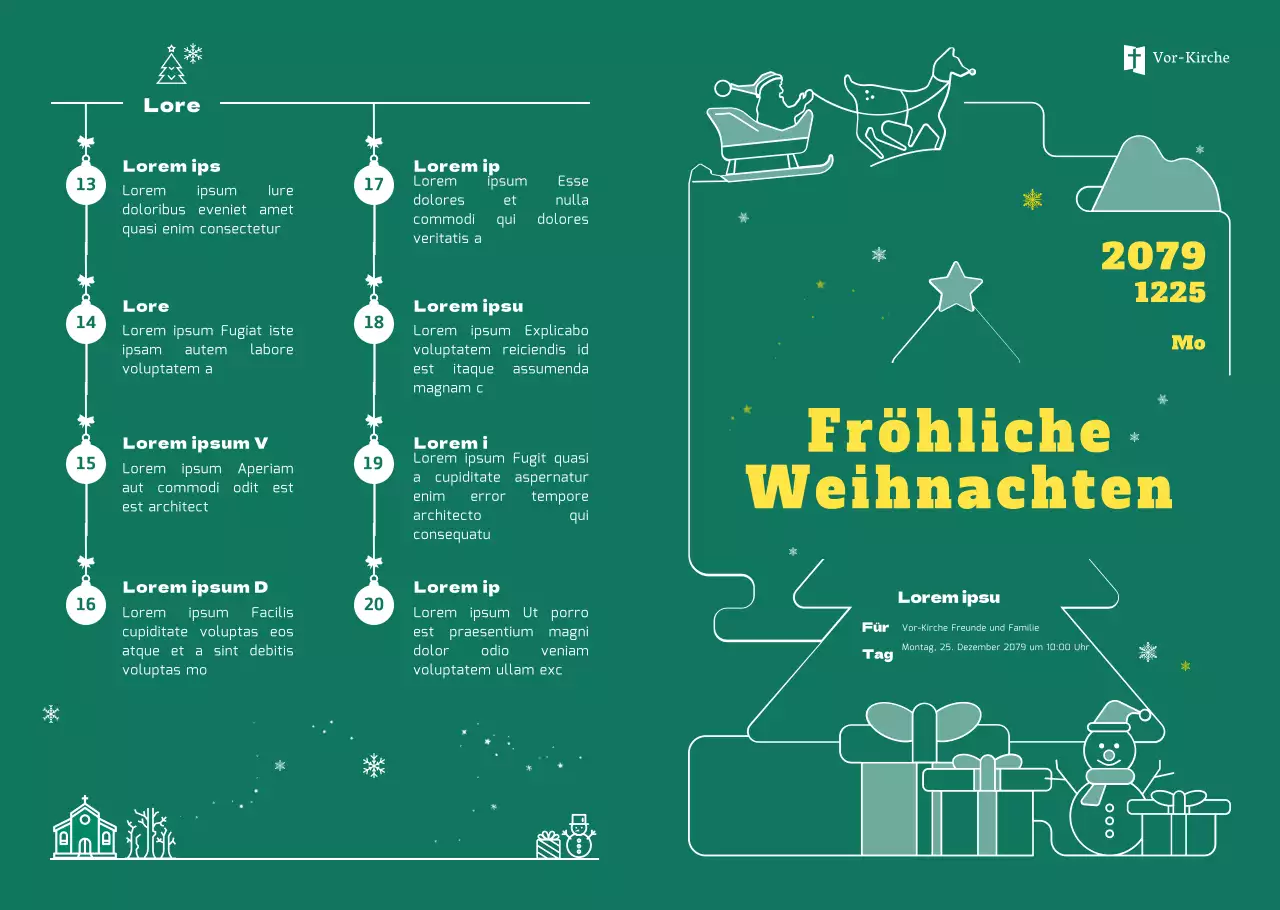 Faltblatt in grüner Farbe für kirchliche Weihnachtsveranstaltungen