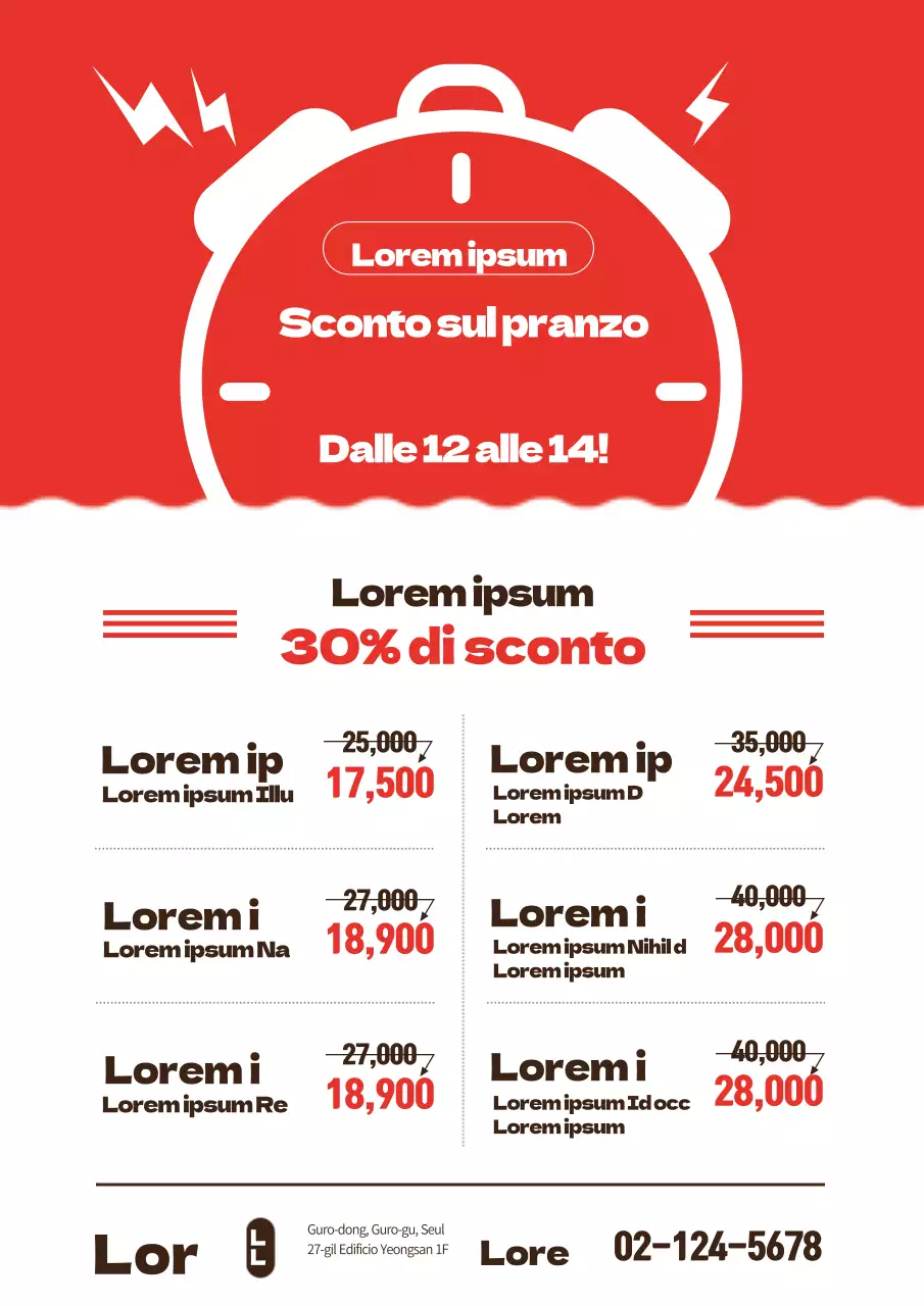 Promuovete uno sconto sul vostro menù del pranzo con un'illustrazione di un orologio rosso