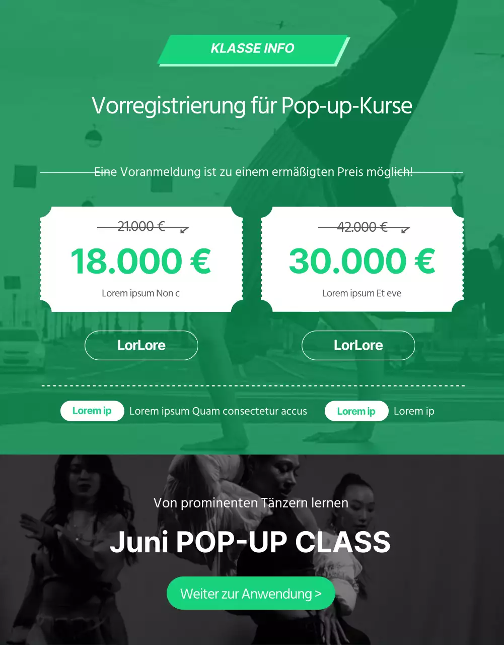 Details zum Tanz-Pop-up-Kurs in schwarzer und grüner Farbgebung