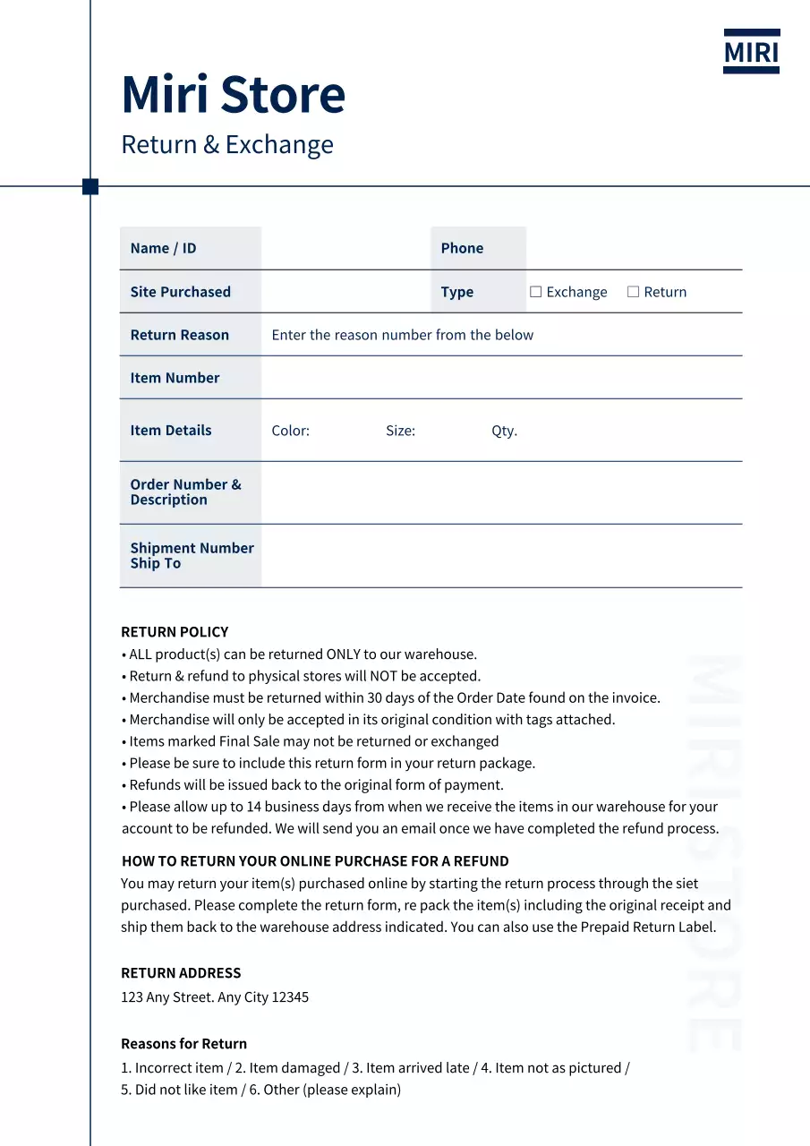 Blue Professional Return Form