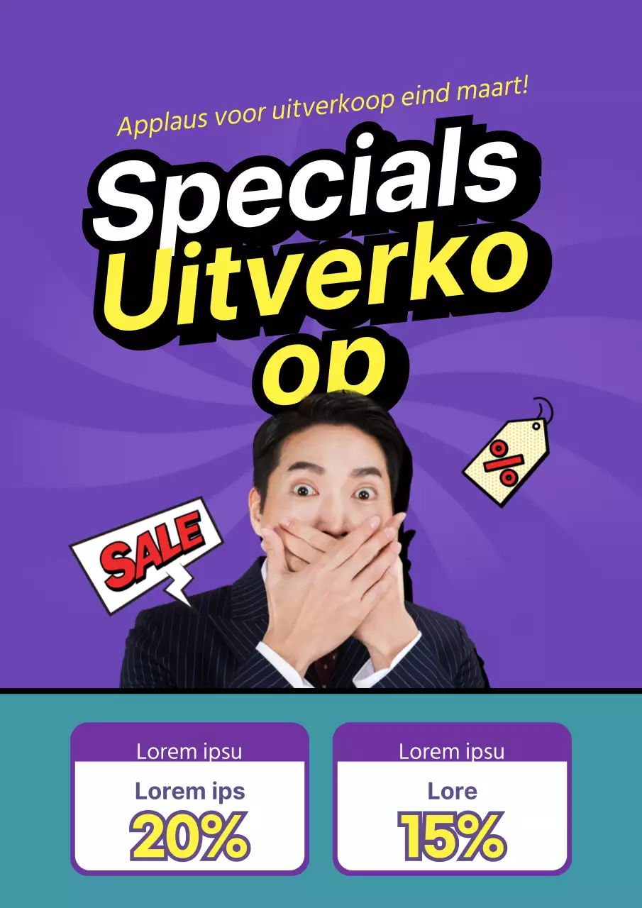 Eenvoudige flyer voor winkelcentrumuitverkoop in paars en geel