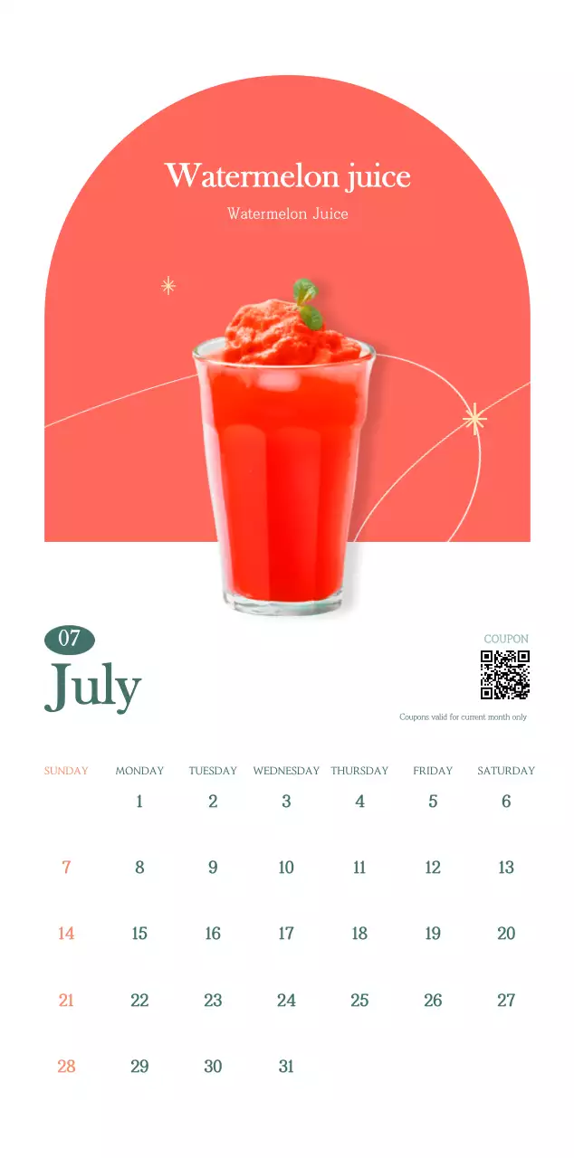 Cafe calendar with drink of the month recommendations