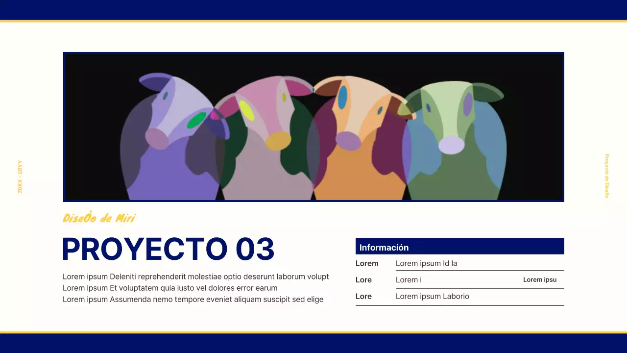 Portafolio de diseño para un concepto retro vintage en azul marino y amarillo