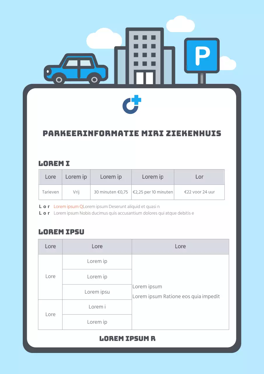 Lichtblauwe leuke illustratie ziekenhuis parkeerinstructies document sjabloon