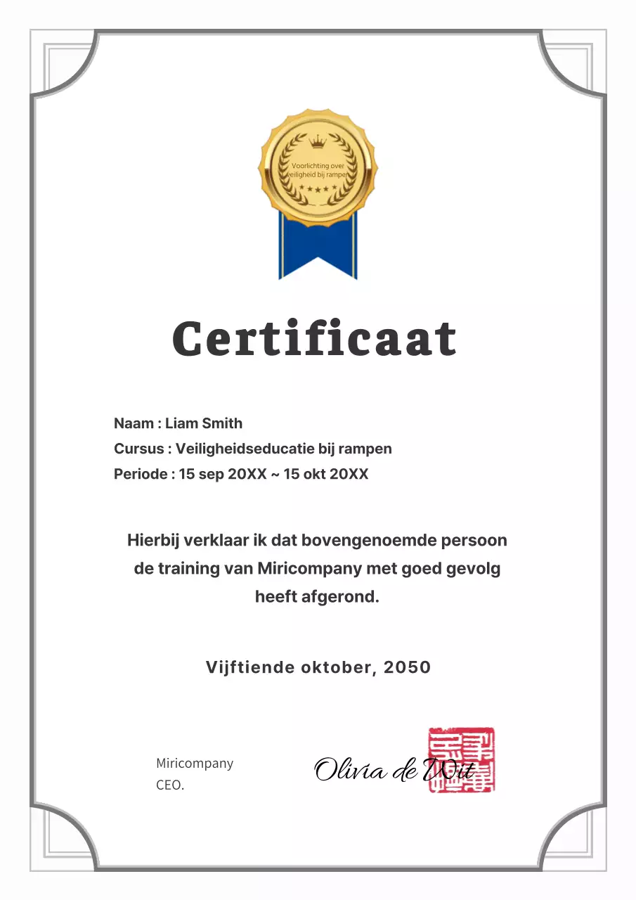 Eenvoudige veiligheidstraining certificaat van voltooiing zakelijk document sjabloon