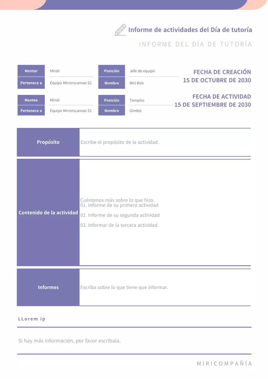 Informe de actividades de tutoría en morado y rosa