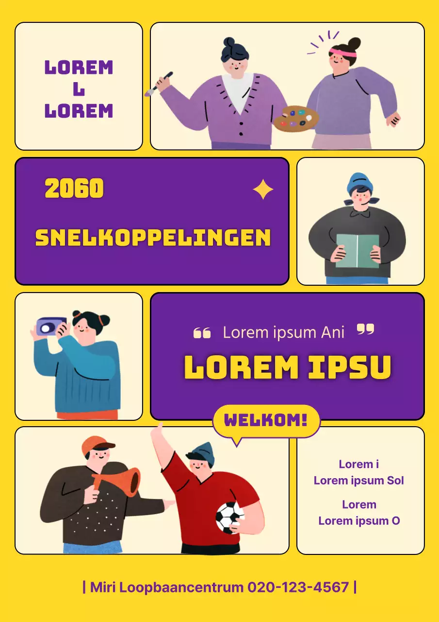 Postings voor loopbaanbegeleiding met een gesplitste lay-out van geel en paars