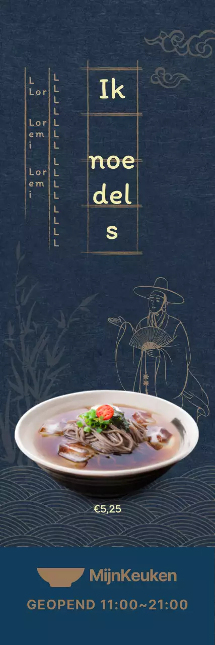 Zomermenu met donkere marineblauwe achtergrond en oosterse illustraties