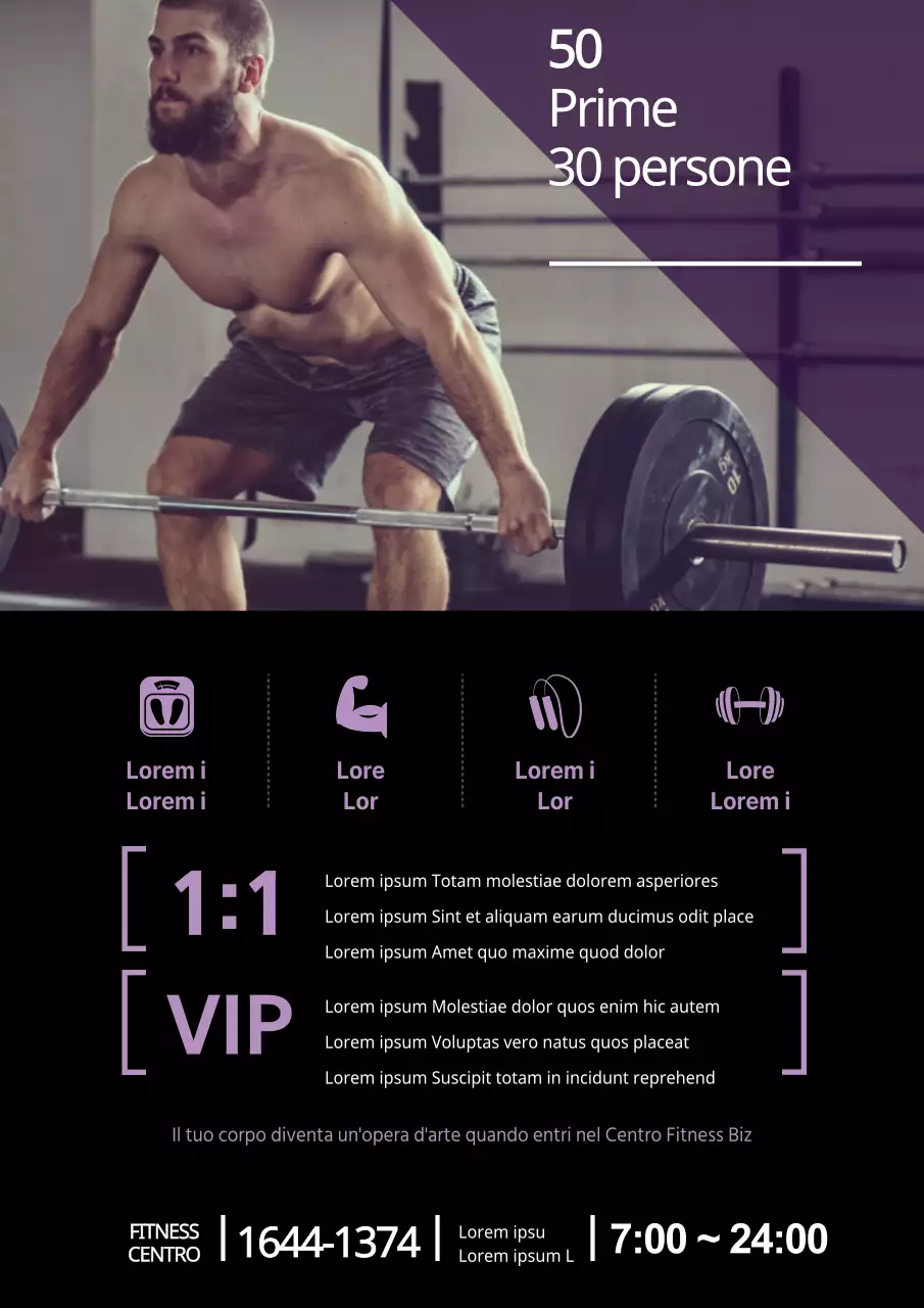 Semplice promozione della palestra "primo arrivato, primo servito" con una foto in viola di un uomo che si allena