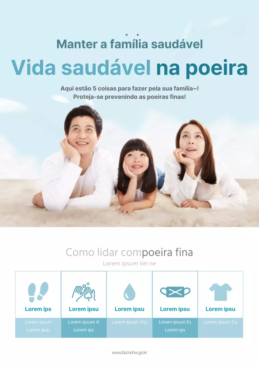 Um folheto simples, azul claro, para uma campanha de prevenção de poeiras finas.