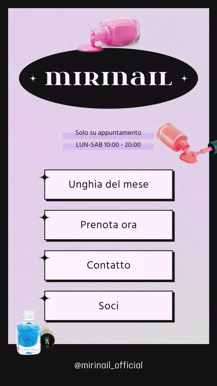 Nota promozionale di un salone per unghie di concezione kitsch nera e viola