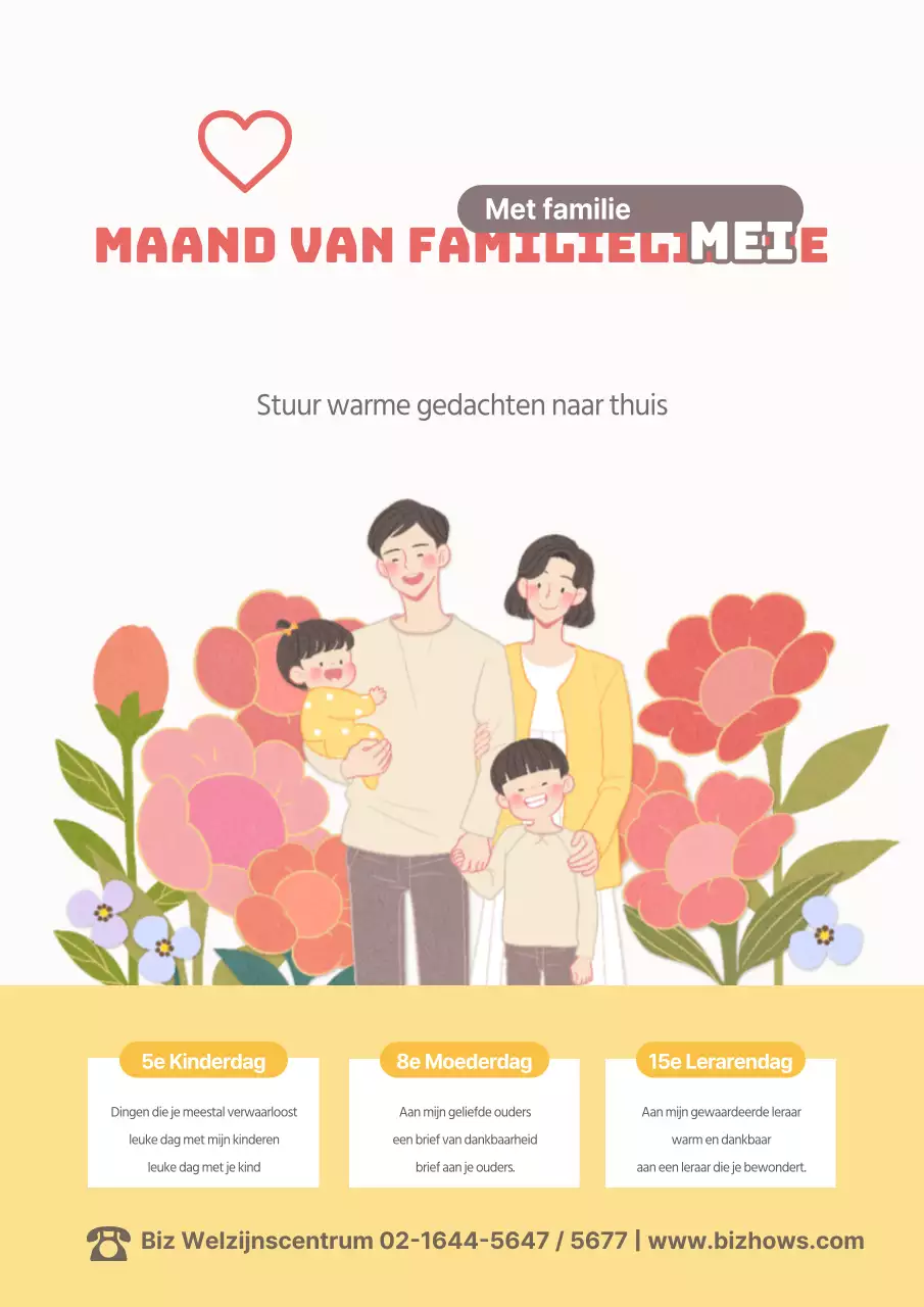Een mooie conceptuele mei-familieverjaardagsgids met gele en roze bloemen en illustraties van families