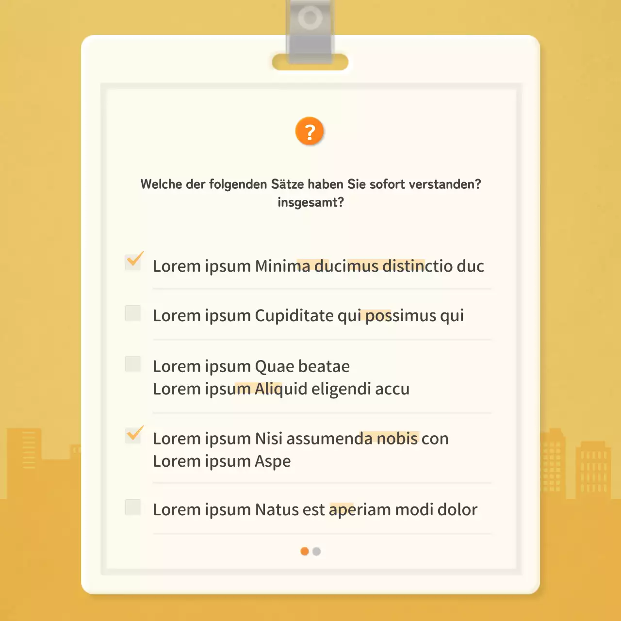 Checkliste für die Arbeitsebene mit orangefarbenem Mitarbeiterkartenkonzept