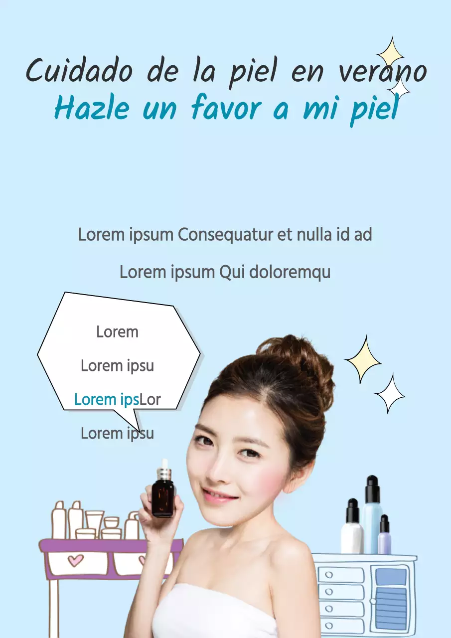 Folleto sobre el cuidado de la piel en verano con fondo azul claro