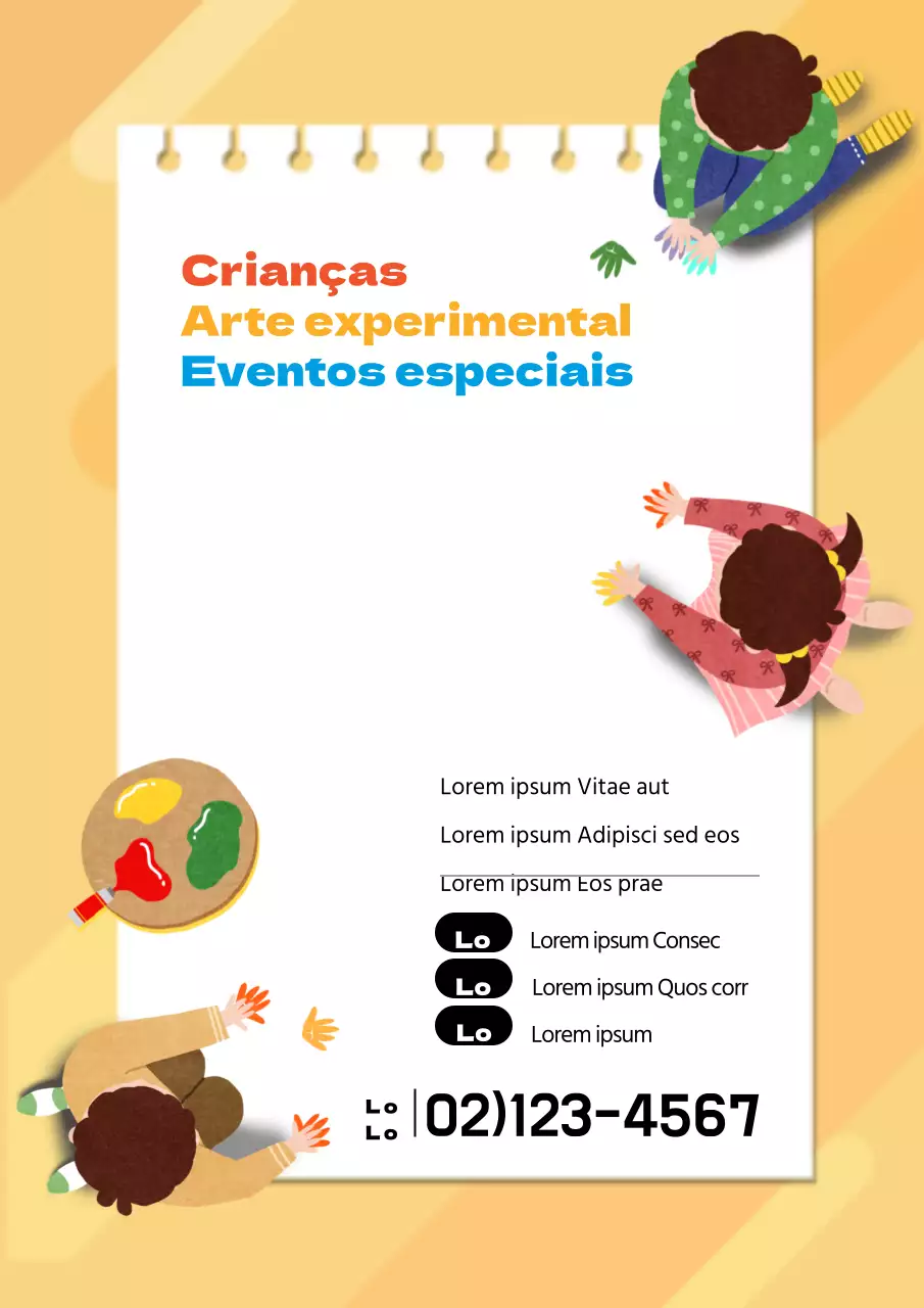 Um bonito folheto amarelo a promover uma aula de arte prática para crianças