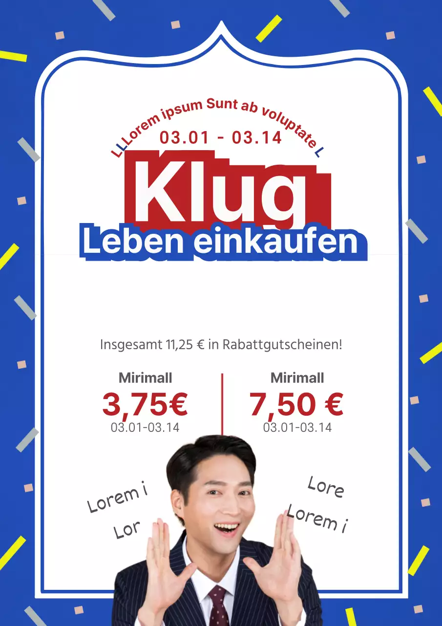 Niedlicher blau-weißer Werbeflyer für den Verkauf in einem Einkaufszentrum