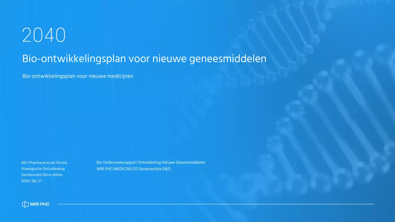 Een strak, blauw getint businessplan voor een farmaceutisch bedrijf dat een nieuw medicijn ontwikkelt.