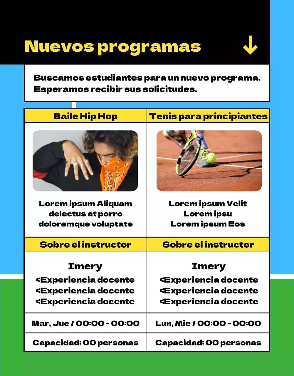 Aviso de inscripción en el Centro Deportivo azul y verde