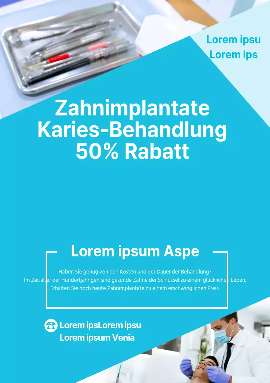 Ein einfacher hellblauer und gelber Flyer, der für eine ermäßigte zahnärztliche Behandlung wirbt.
