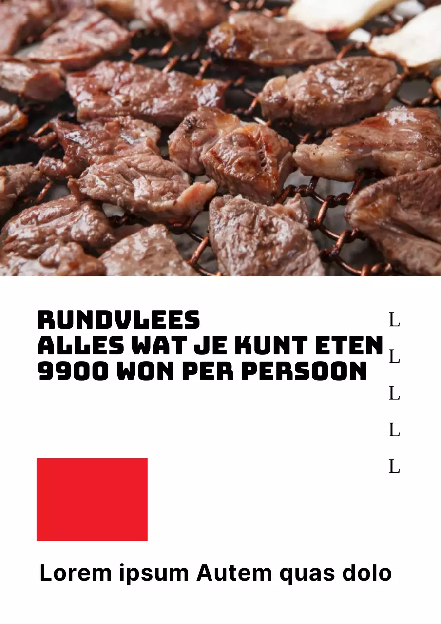 Promoot een eenvoudige all-you-can-eat rundvleeswinkel met zwarte en rode gegrilde vleesfoto's