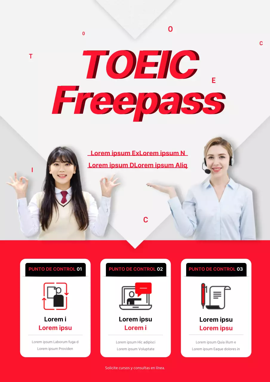 Pulcra promoción de la escuela TOEIC con fotos en rojo de estudiantes y profesores extranjeros