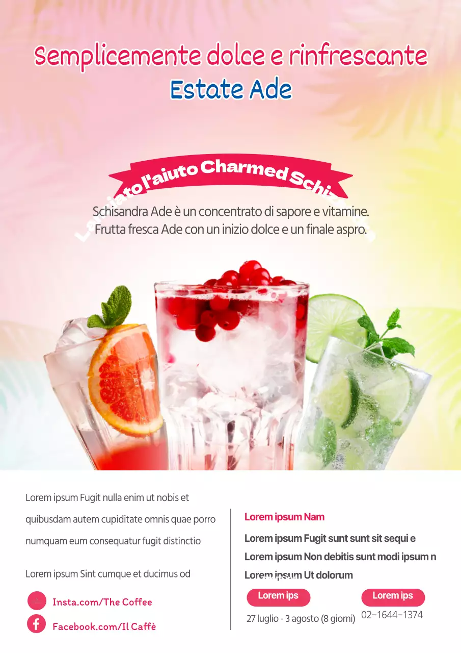 Un volantino che promuove il nuovo menu colorato del Summer Drink Aid.