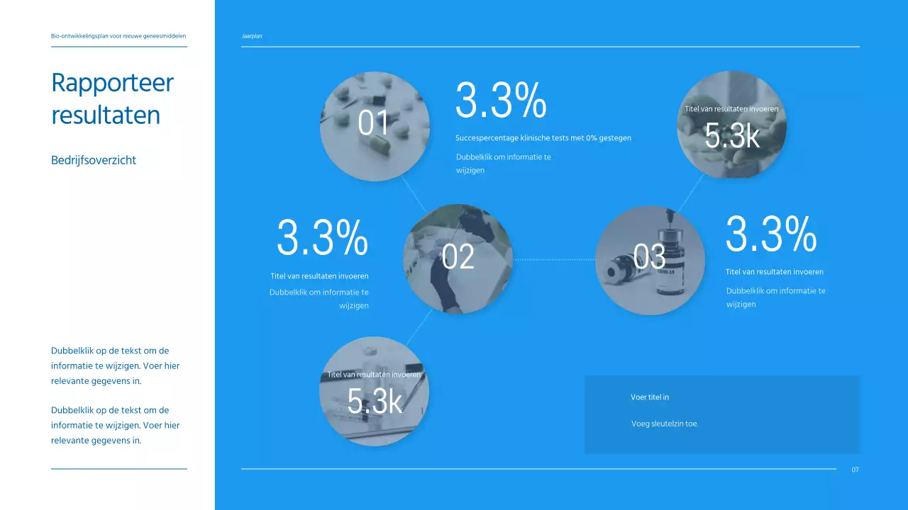 Een strak, blauw getint businessplan voor een farmaceutisch bedrijf dat een nieuw medicijn ontwikkelt.
