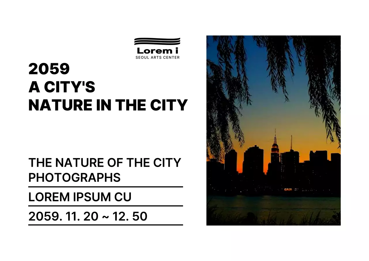 Gaya tata letak teks sederhana dalam warna hitam dengan informasi pameran foto