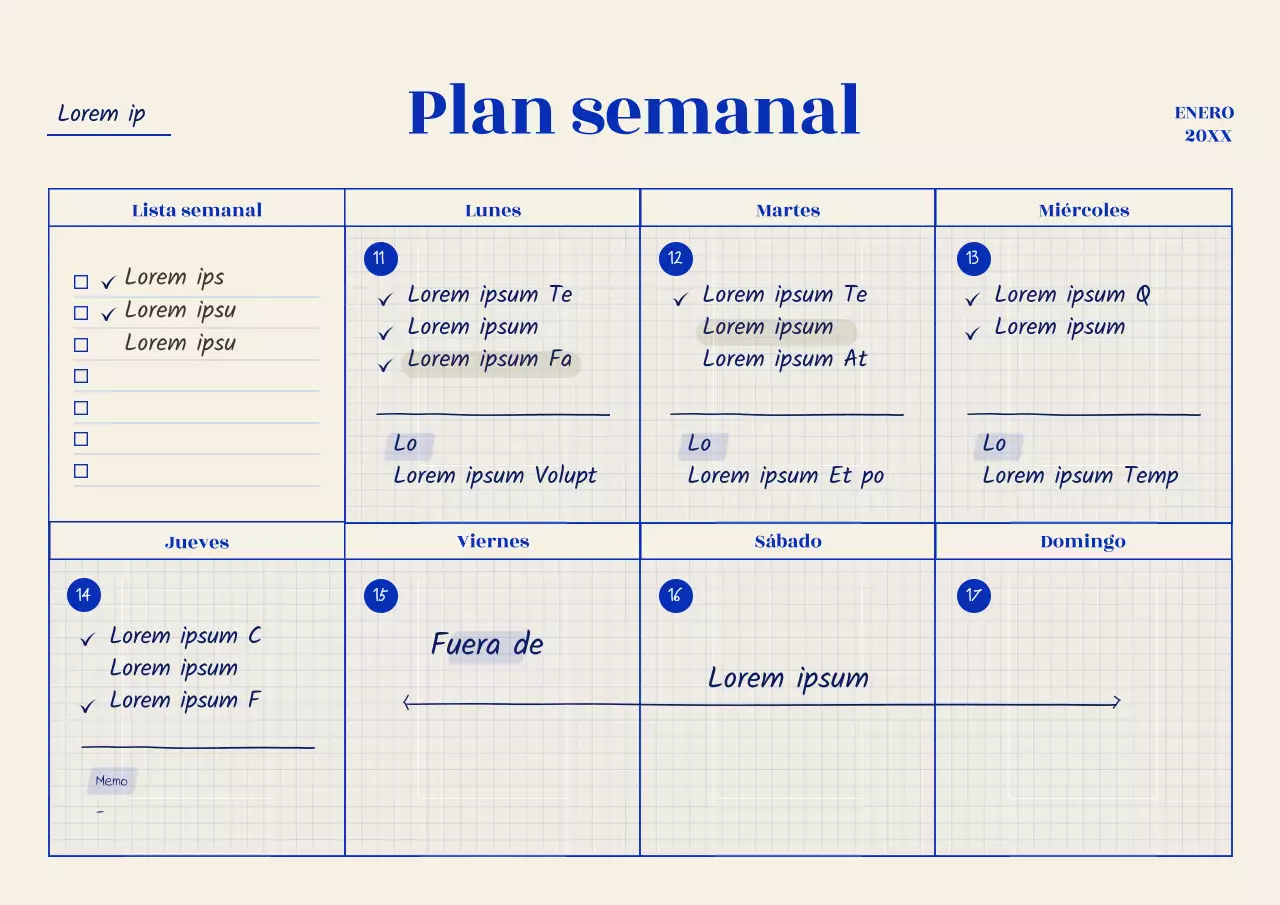 Good Note Semanal con un concepto de cuadrícula azul