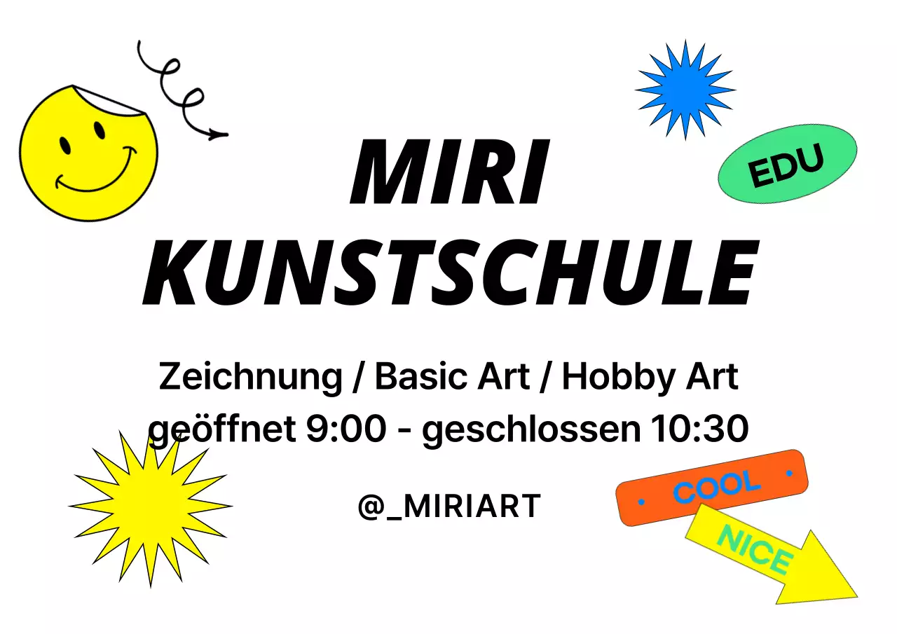 Ein Werbedesign für eine Kunstschule mit einer Vielzahl von bunten Aufklebern.