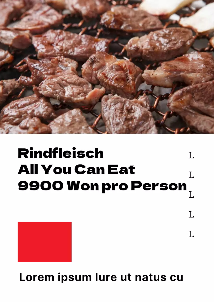 Werbung für ein einfaches All-you-can-eat-Rindfleischgeschäft mit Fotos von schwarzem und rotem gegrilltem Fleisch