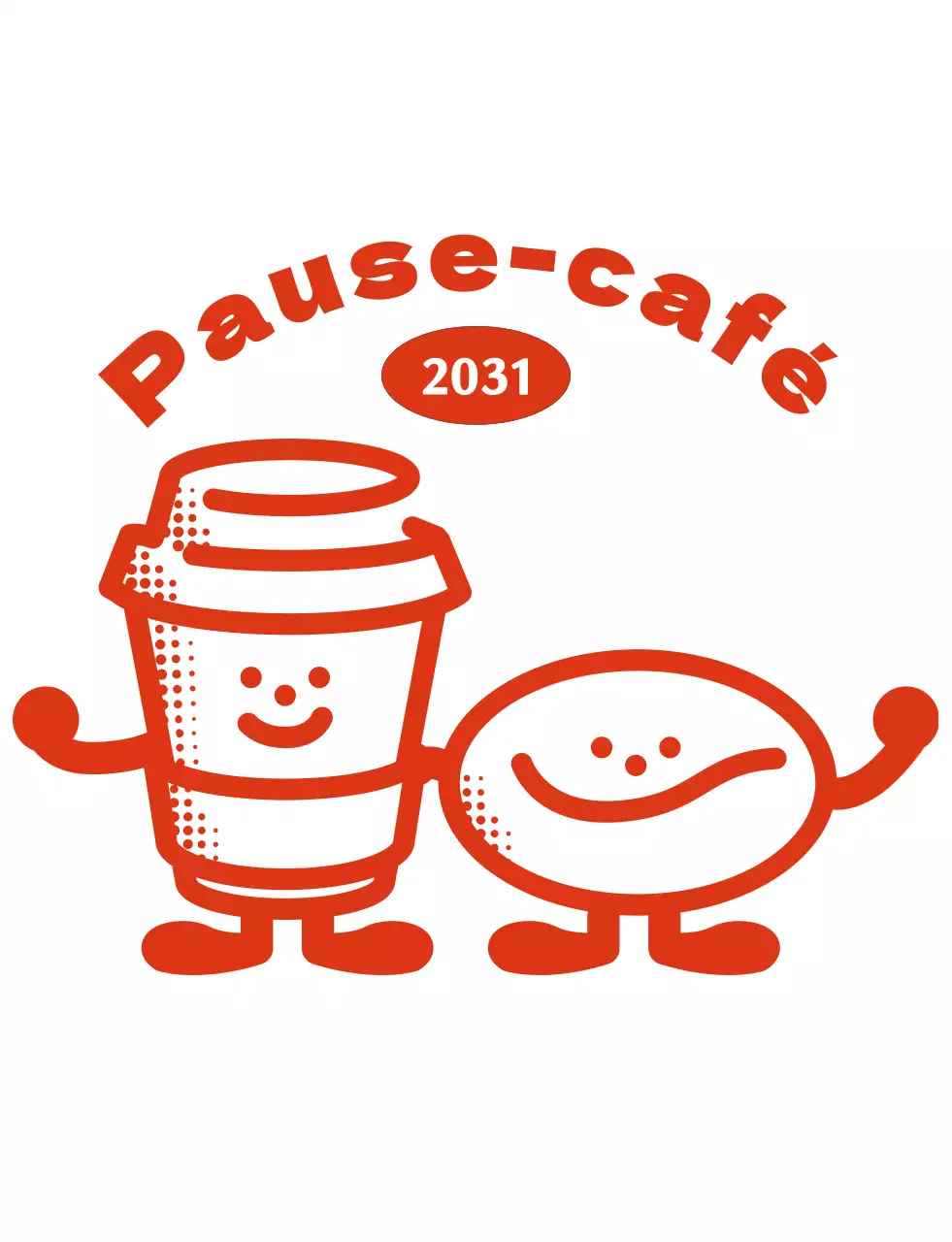 Un café avec un logo en texte rouge et un mignon personnage de café