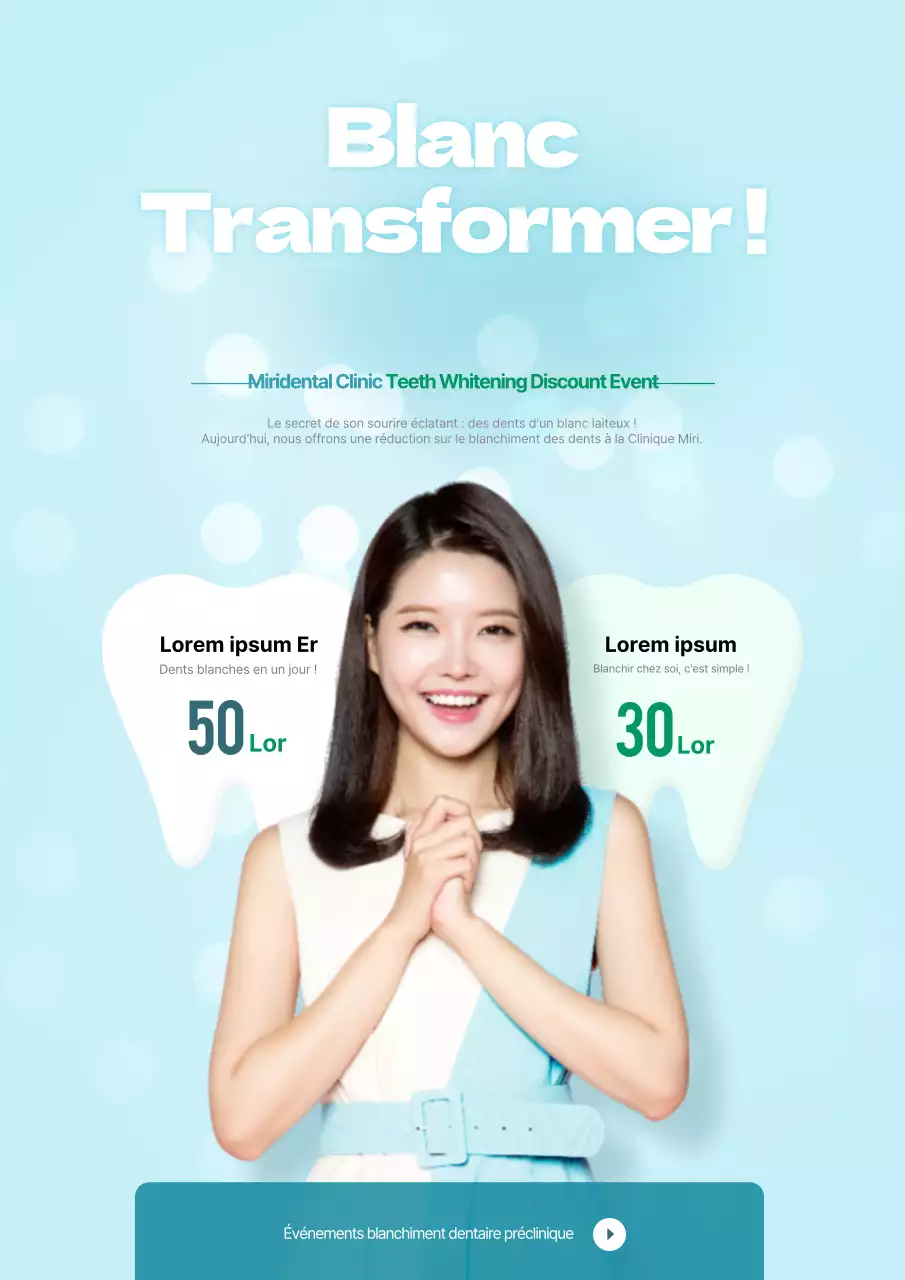 Faites la promotion de votre événement de chiropractie dentaire avec une photo de personne souriante de couleur bleu clair.