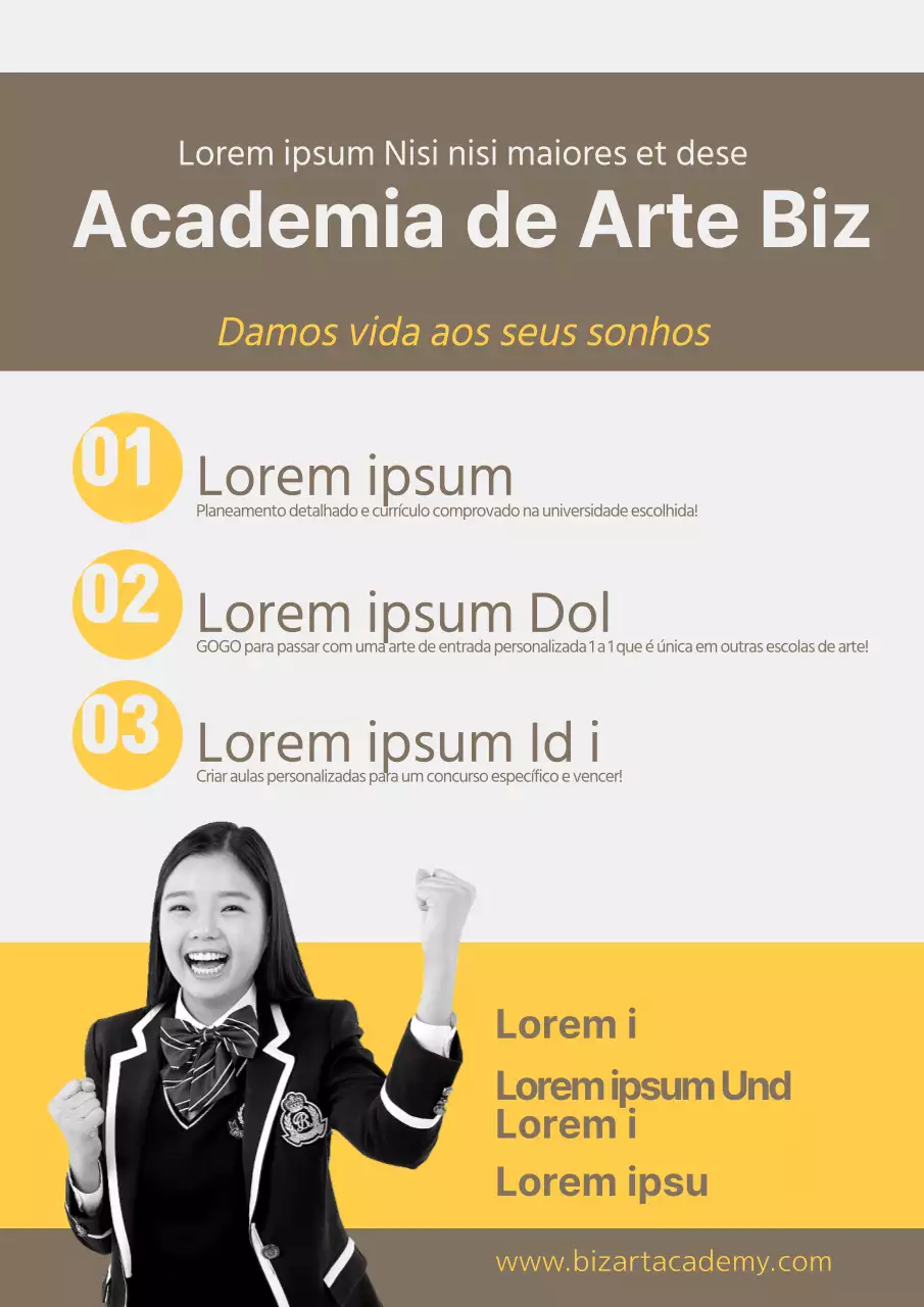 Publicidade de escola preparatória de arte simples, amarela e cinzenta.