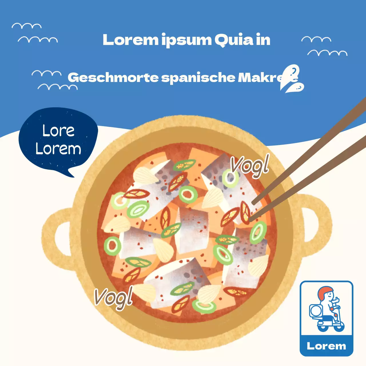 Werbung für leicht zuzubereitende spanische Makrelen mit blauem Wellenhintergrund