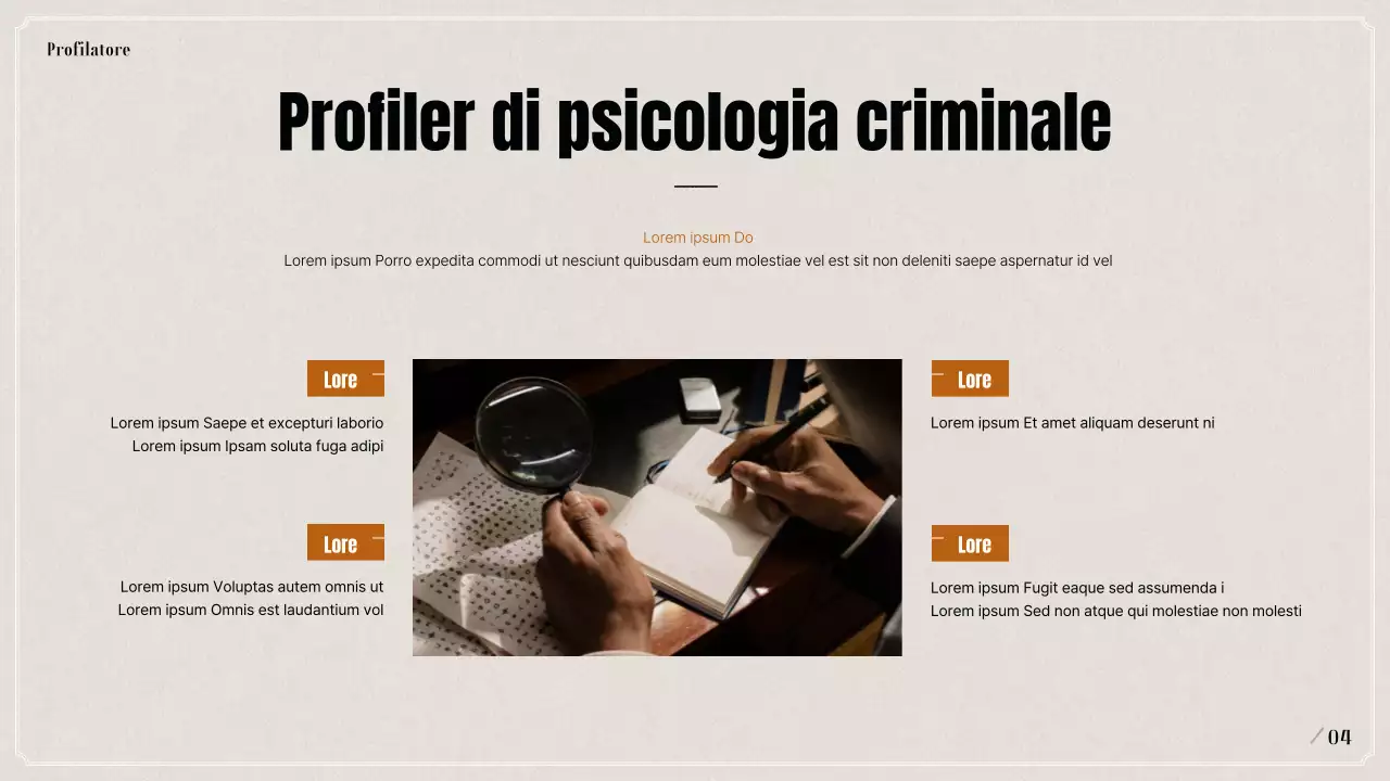 Presentazione del profilo psicologico criminale in nero e beige