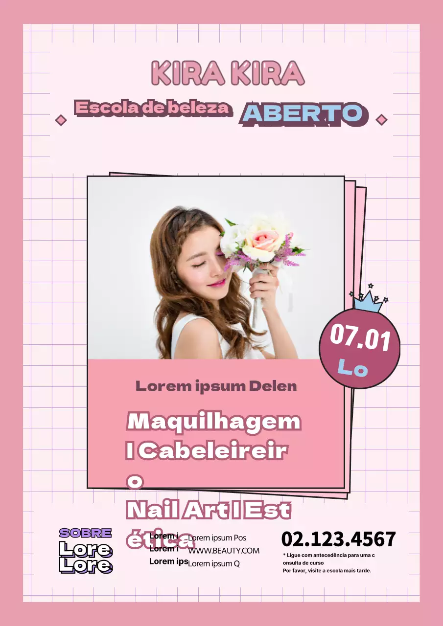 Promover uma escola de beleza de conceito giro com uma fotografia de uma modelo feminina de cor-de-rosa.