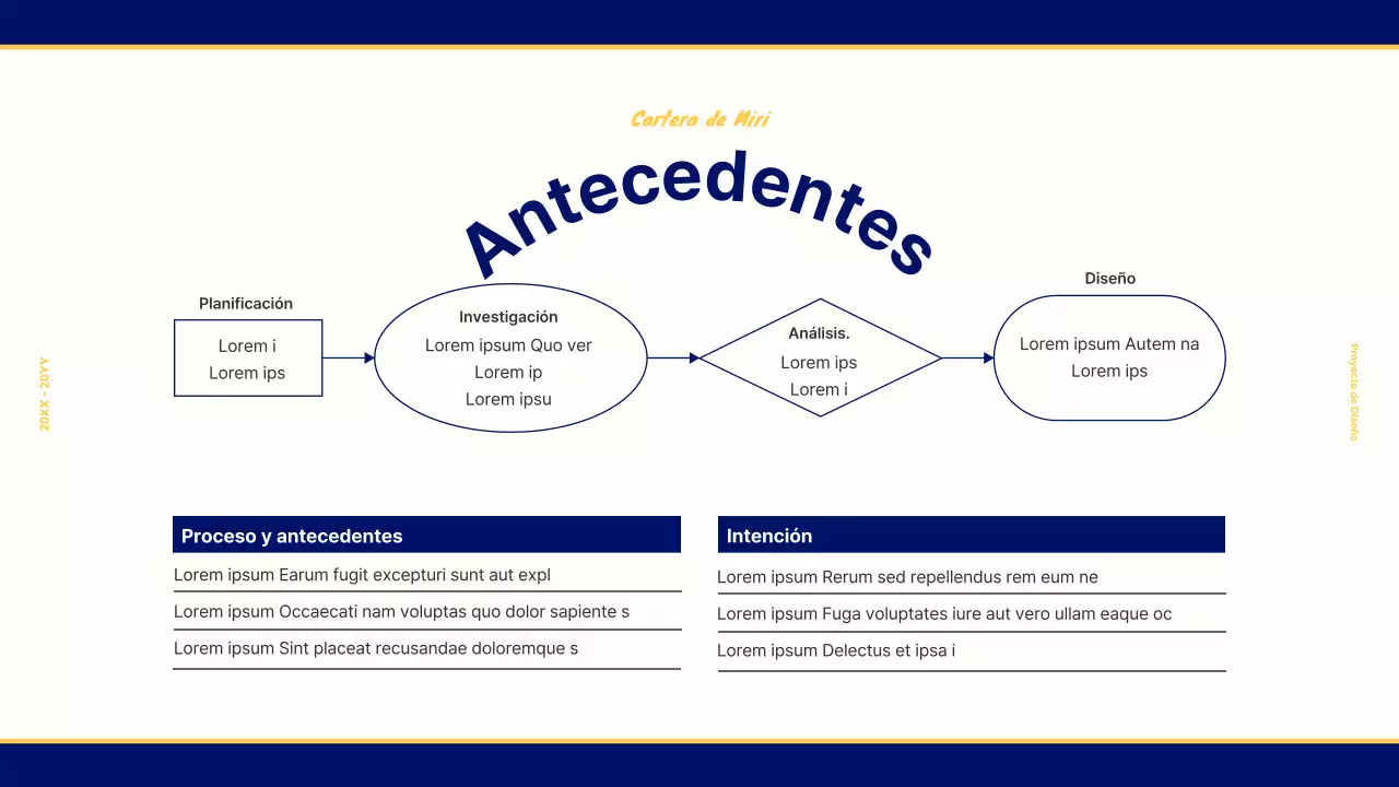 Portafolio de diseño para un concepto retro vintage en azul marino y amarillo