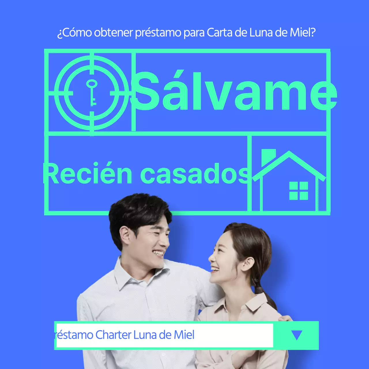 Logo Save the date con fondo azul Banner limpio con foto de recién casados en el título